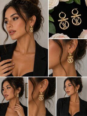 Luxury Gold Tone Monogram Drop Earrings Statement Dangle Glam